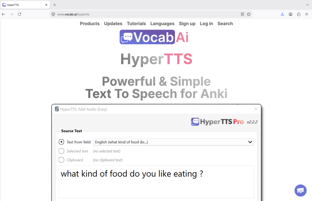 HyperTTS Add Audio (Easy) dialog showing Source Text set to a field and a sample sentence in the preview